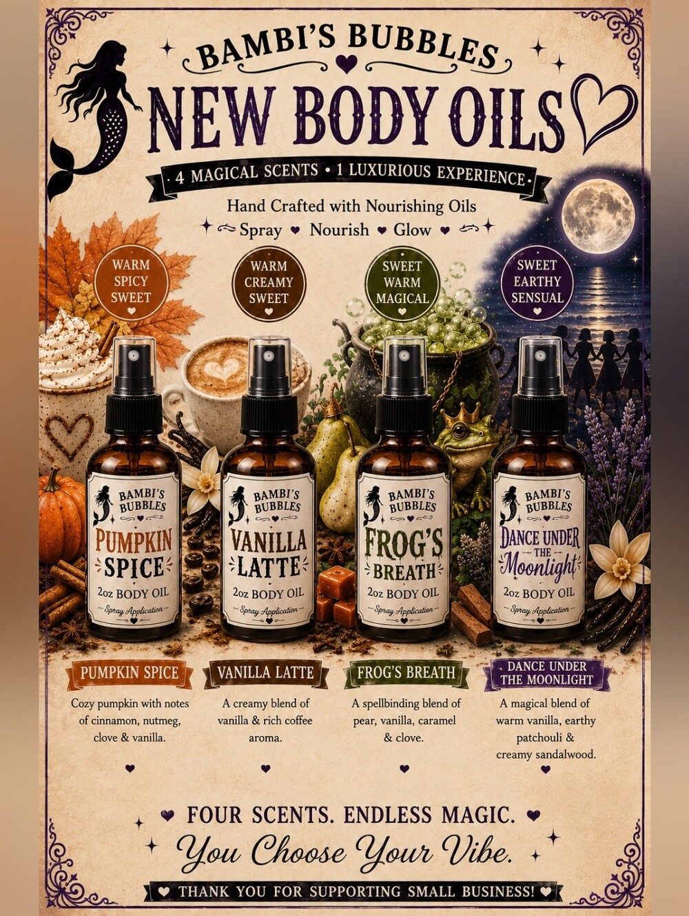 New! Bambis Bubble Fall Frenzy Collection 2oz Body Oil Spray Application